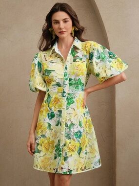 Anewsta Yellow & Green Floral Guipure Lace Mini Shirt Dress Size S puff sleeve